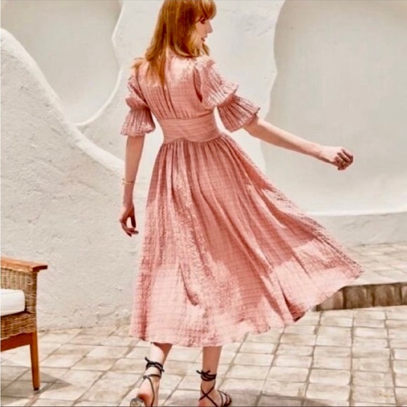 O.P.T. Dresses & Skirts - O.p.t. Dusty rose pink Boho maxi dress puff sleeves corset V-neck button-down XS